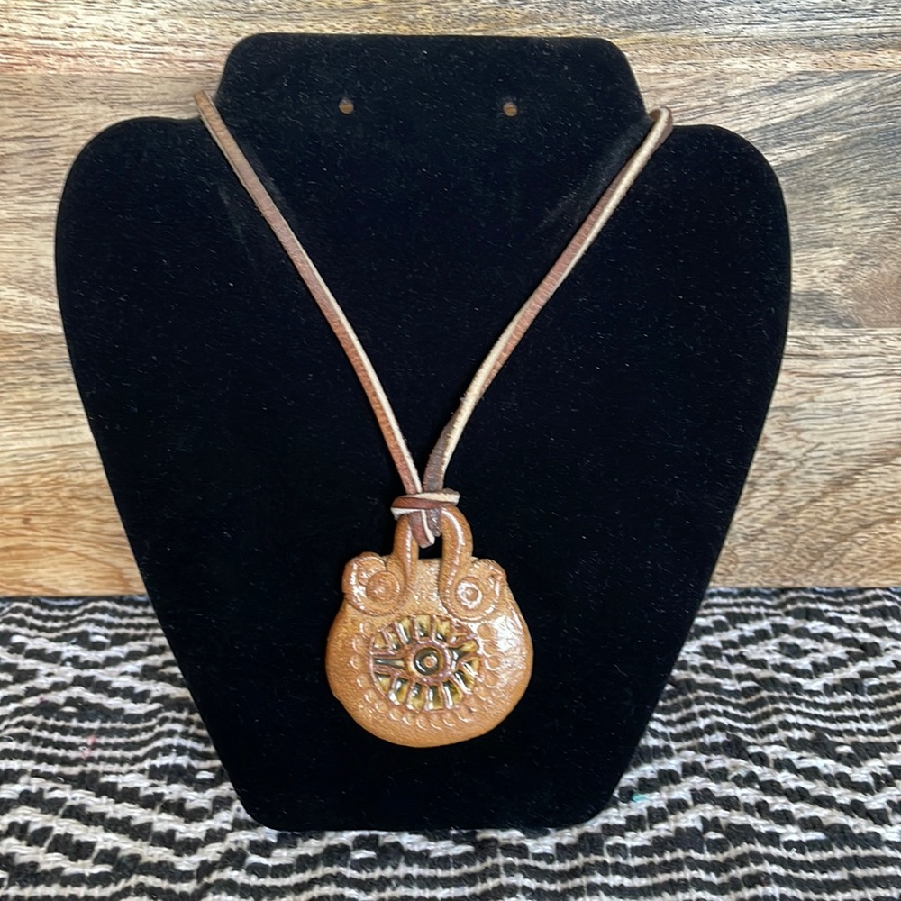 🤎Unique Pendant made from Clay with Leather necklace.